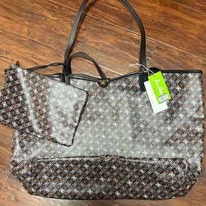 Sam Edelman Black and Brown Patterned Tote Bag with Pouch